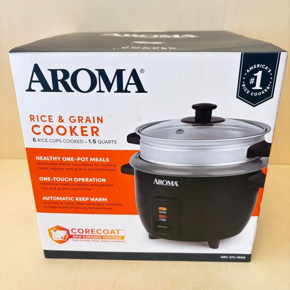 Aroma Rice Grain Cooker 6 Cup Black One-Touch Ceramic Pot 1.5 Quart NEW Open Box